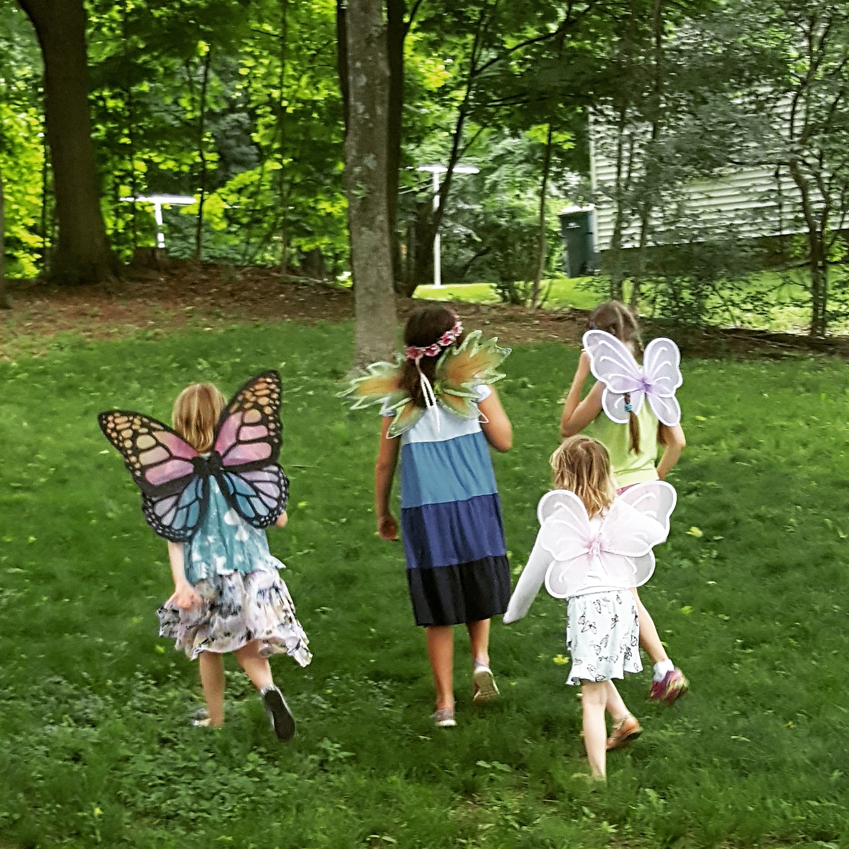 four children dressed as butterflies on a lawn in summer
